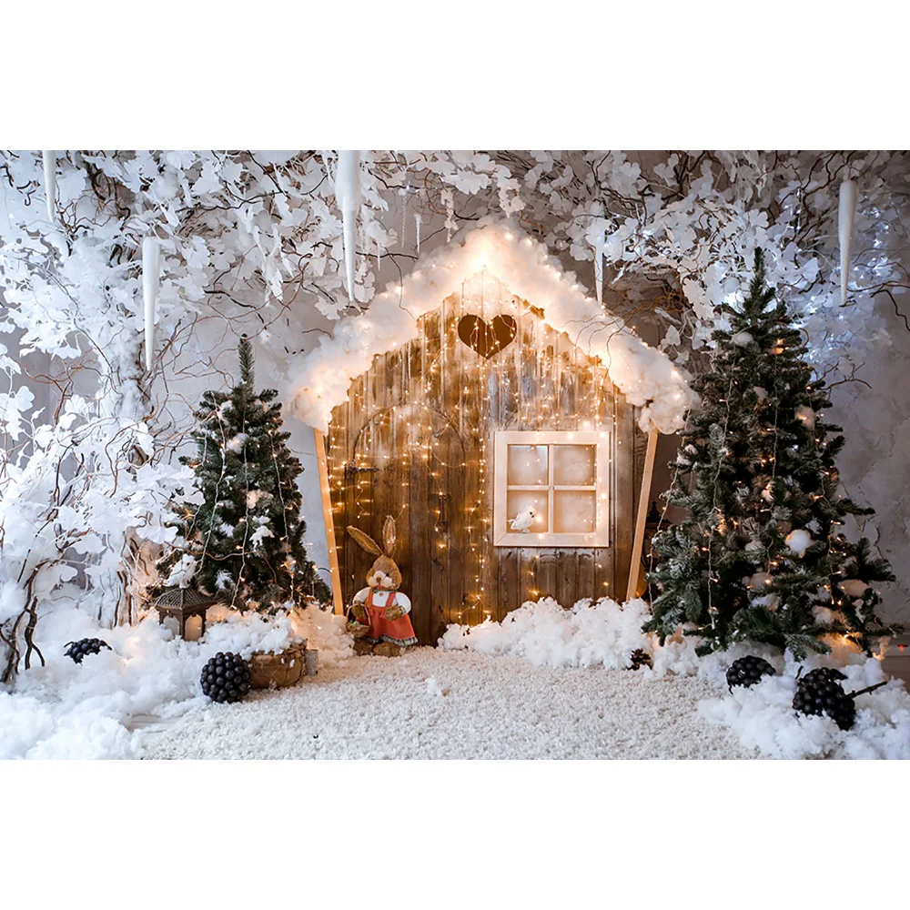 Winter Snow Backdrop for Photography Christmas Tree Frozen Wonderland House Xmas Party Banner Decor Background Rabbit Light