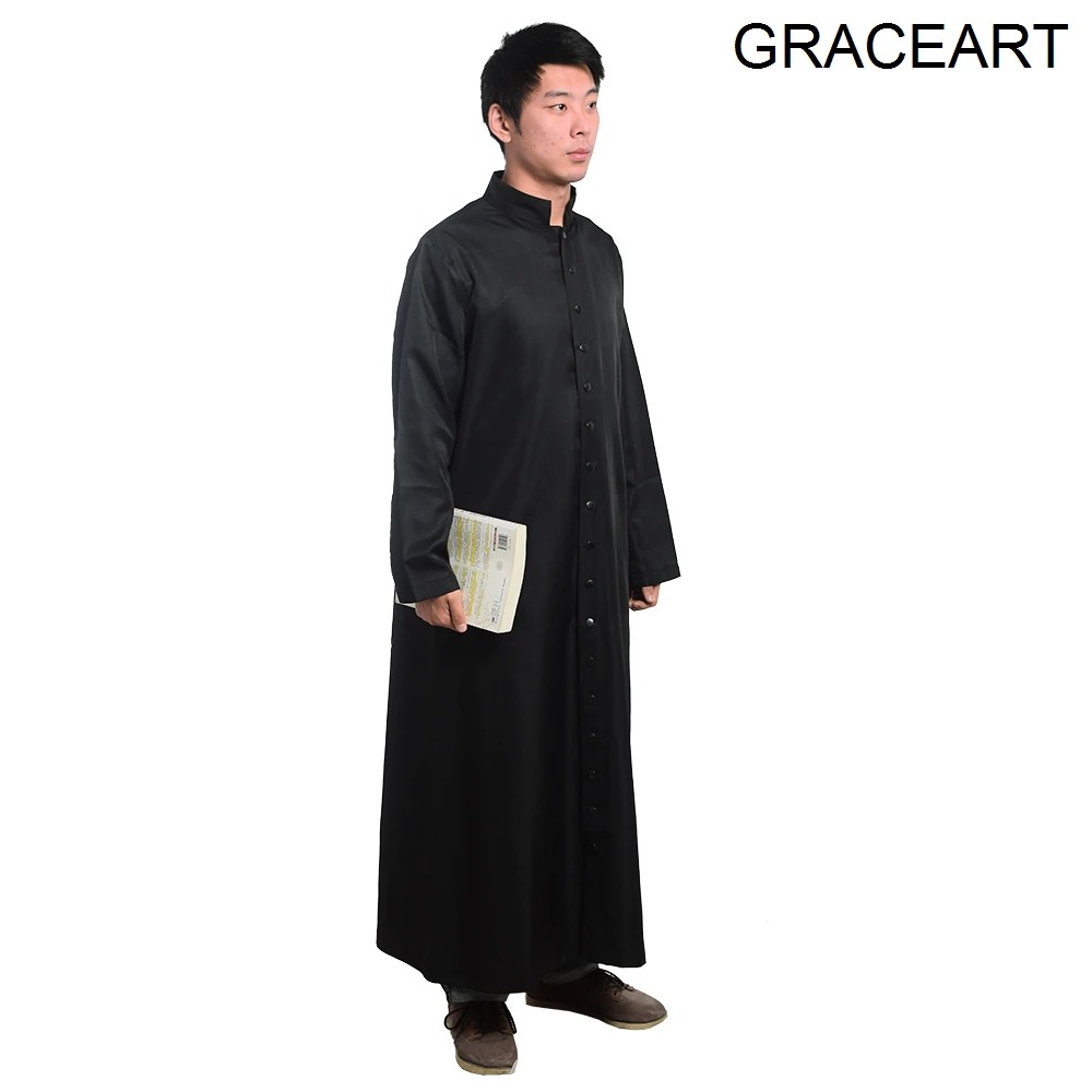 Men Black Cassock Clergy Robe Single-Beast Priest Vestments