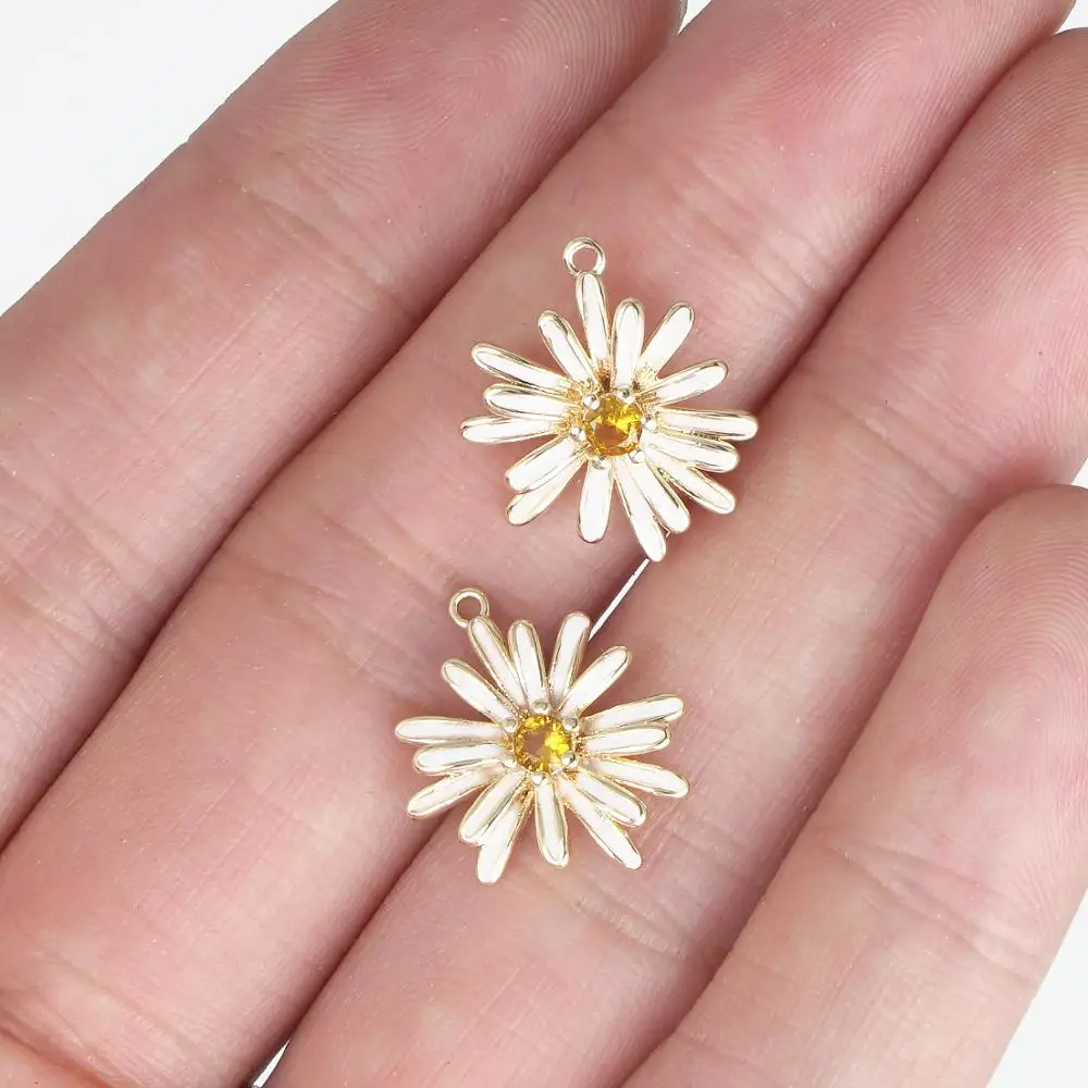 1pc 14K Gold Filled 15*18mm Daisy Charm Pendants Brass Necklace Earring Charm With Zircon Painted Flower Accessory-10331550