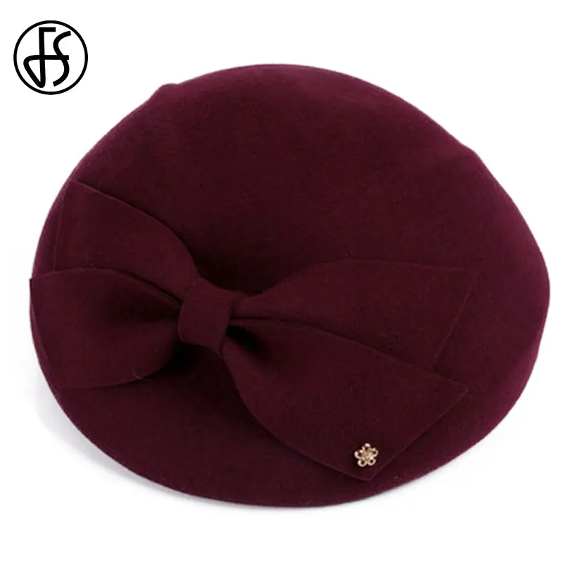 FS French Berets Caps For Women Fashion 100% Wool Felt Fedora Hat Winter Blue Purple Red Church Female Fleece Cloche Hats