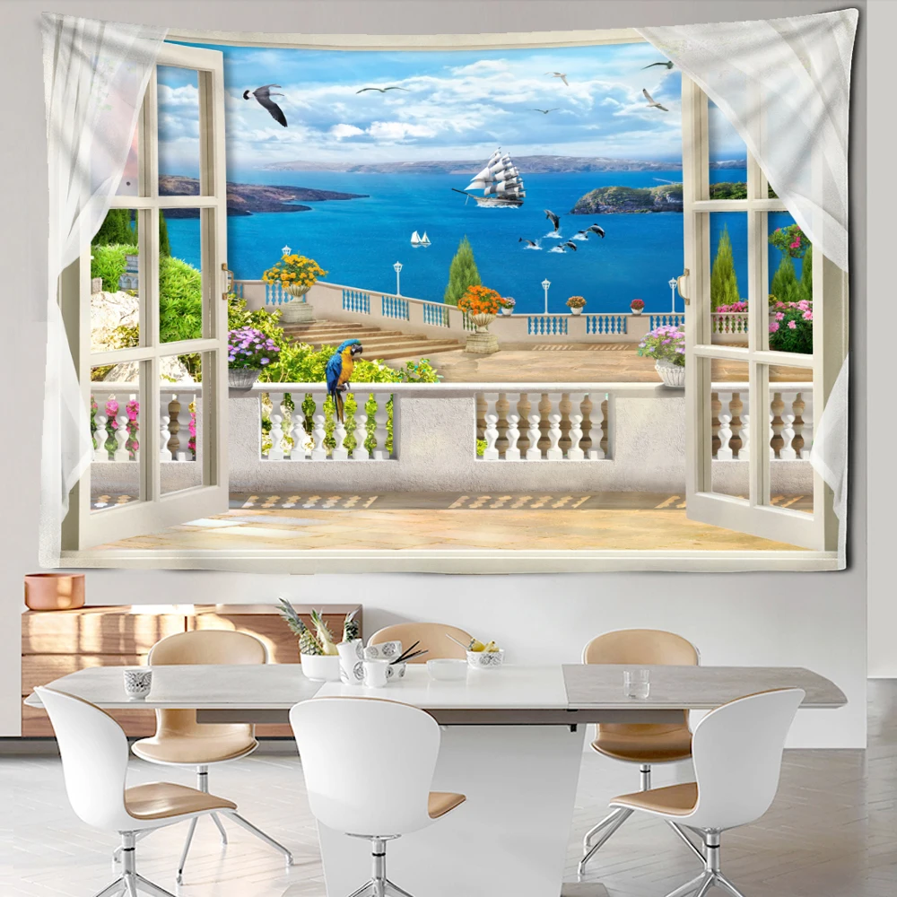 

Imitation Window Scenery Tapestry Wall Hanging Seaside Scenery Dormitory Bohemian Living Room Home Decor