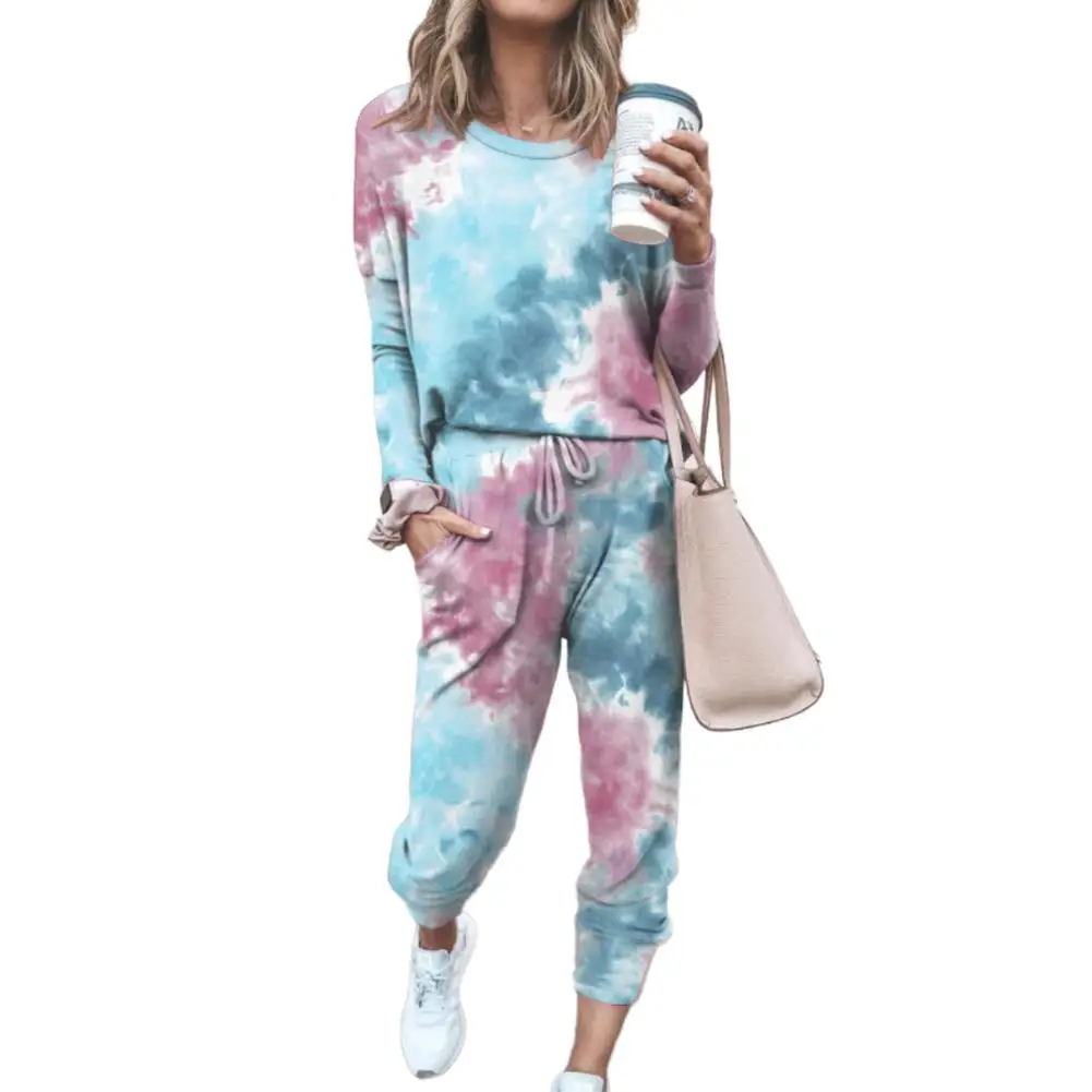 2 sztuk Loungewear kobiety zestaw piżamy Tie Dye Jogger garnitur z długim rękawem wokół szyi spodnie piżamy Loungewear piżamy kobiety HomeWear