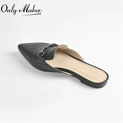 Onlymaker Summer Slip-On Flat Sandals Matte Black Soft PU Leather Metal Decoration Casual Pointed Toe Slipper For Women Big Size