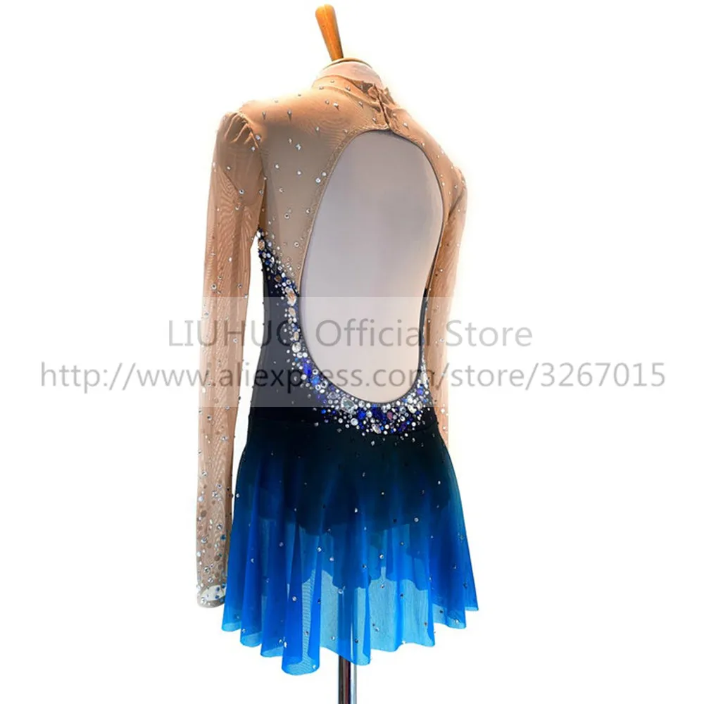 LIUHUO Women\'s Girls\'  Adult Kid Performance Ballet Rhythmic Gymnastics Competition Leotard Ice Figure Skating Dress Dance Blue