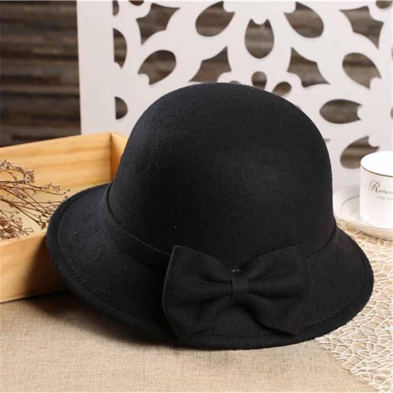 New Temperament Wool For Women Girls Wool French Elegant Fedora Hats Women Autumn Winter Vintage Hat With Wide Brim PH29