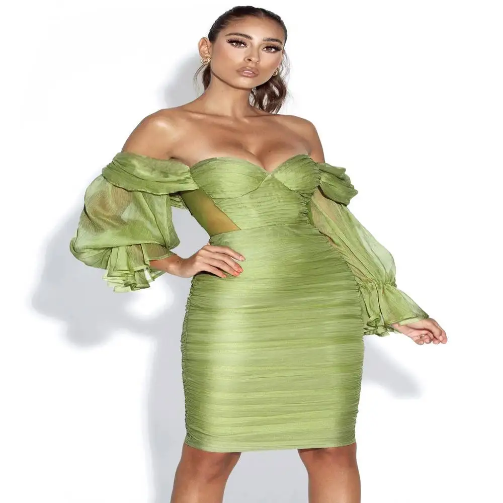 Women Green Pink Sexy Off the Shoulder Long Sleeve Sexy Mini Dress Mesh Fashion Celebrity Party Dress Vestido