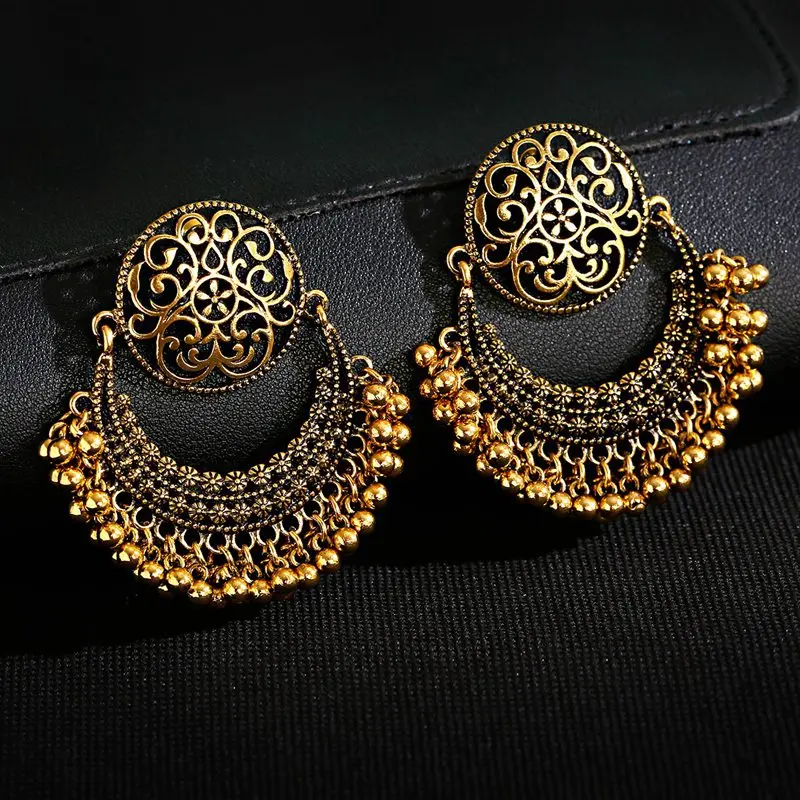 Retro Moon Indian Jewelry Jhumka Earrings Orecchini Vintage Gypsy Flower Gold Color Tassel Earrings For Women