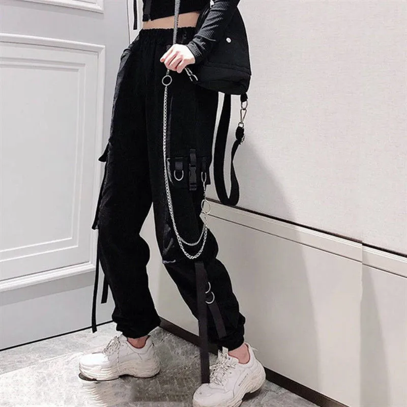 Women\'s Cargo Pants Buckle Ribbon Pocket Jogger Elastic Waist High Streetwear Harajuku Pant Punk Ring Chain Females Trousers