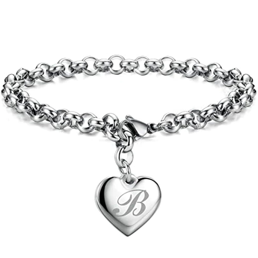 Pulsera de eslabones de acero inoxidable para mujer, brazalete con inicial del alfabeto, 26 letras, corazón, moda de verano