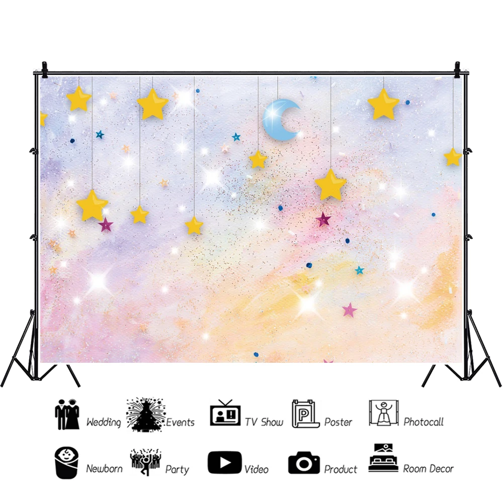 Laeacco Dreamy Gradient Color Background Star Moon Glitter compleanno sfondo per fotografia ritratto di bambino personalizza photo studio
