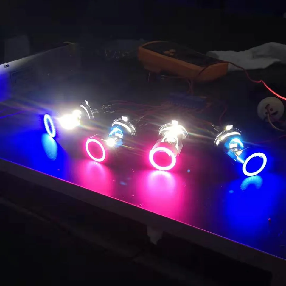 H4 led車のヘッドライト,高輝度電球,青/赤,エンジェルアイ,hi/loビーム,自動,白,オートバイ,6000k,12/24v,2個