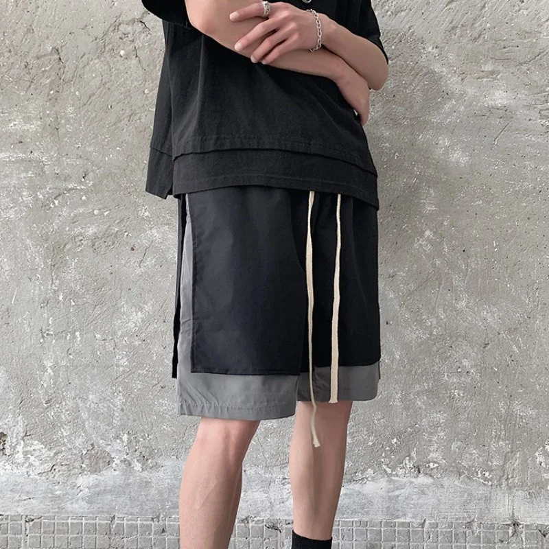 

Casual College Gym Sweatpants Mens Shorts Straight Loose Knee Length Trousers Lace Up Fashion Patchwork Cargo Shorts Streetwear