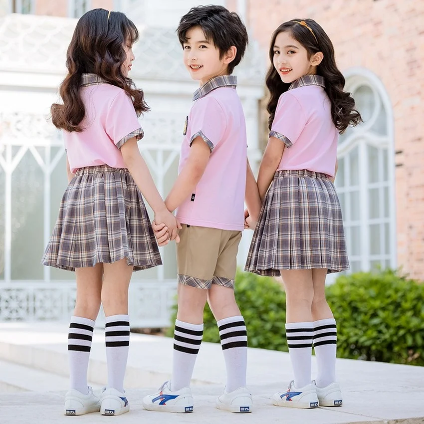 Conjunto de uniformes escolares infantis, 2pçs, estudantes, meninos, meninas, verão, algodão, tops, saia plissada, calças curtas, trajes fofos, coreano