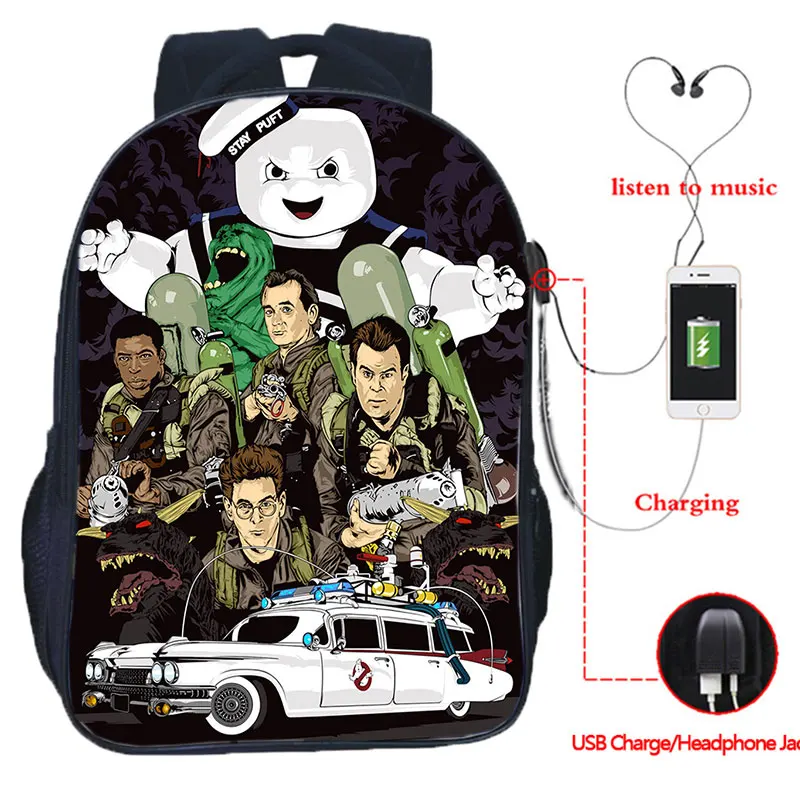 Kawaii Ghostbuster Backpack Students Bookbag Boys Girls Travel Shoulder Bag Beautiful Pattern Rucksack USB Charging School Bags