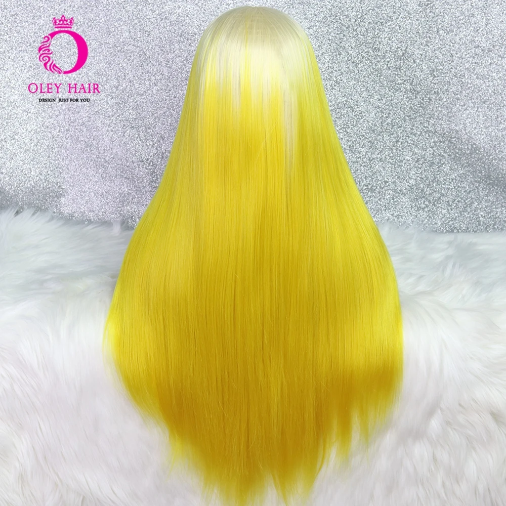 OLEY Long Straight Yellow Wig Synthetic Lace Front Wig With Blonde Roots High Temperature Fiber Party/Cosplay Wigs For Women