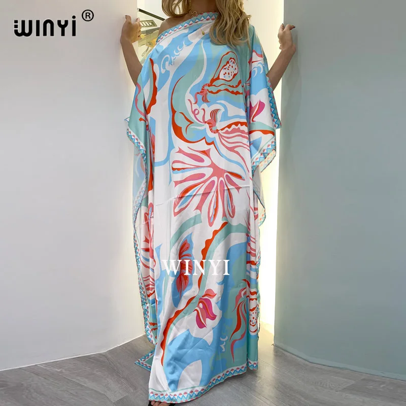 WINYI 2020 długa długość sukienka kobiety Silk abayas drukuj wakacje czeski Batwing wycięty kołnierz ponad rozmiar elegancki nowy mody fala