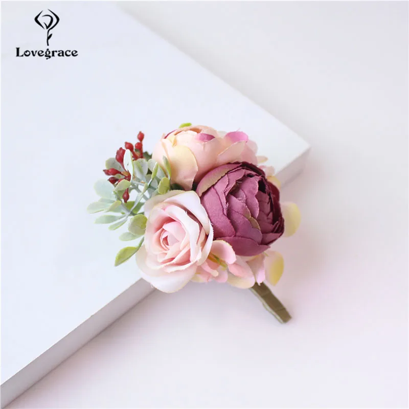 Lovegrace-ramillete de novio para hombre, Pin de Boutonniere, ramillete de muñeca de novia, pulsera de seda de champán burdeos, accesorios de flores de boda de graduación