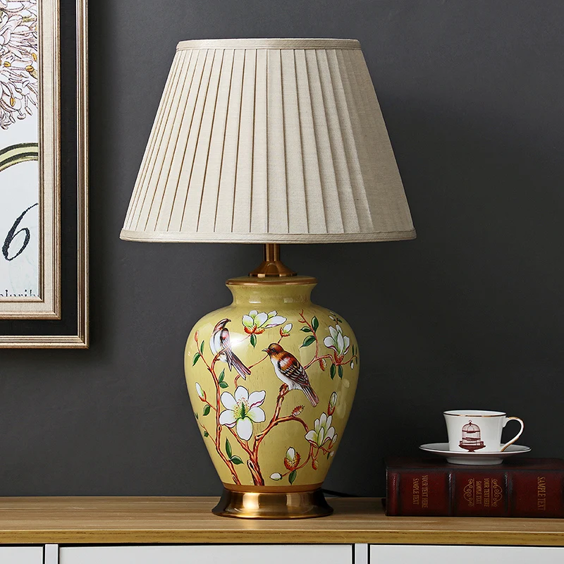 

Chinese style classic flower&bird ceramic Table Lamps European retro touch switch fabric iron lamp bedside&foyer&studio XJYTC009