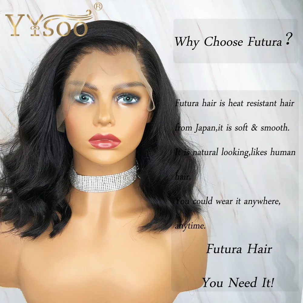 YYsoo Short Black Futura Synthetic Hair 13x4 Glueless Lace Front Wig Side Part Body Wave Black Wigs For Women 4inch Deep Parting