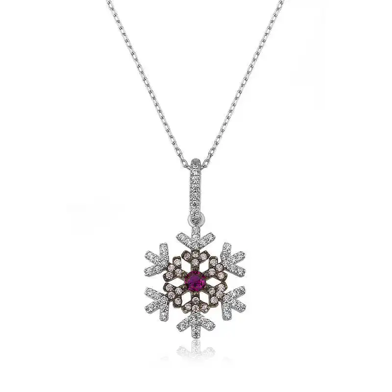 Silver Snow Snowflake Lady Necklace Stone 925 Sterling Women Fine Jewelry Wedding Party Birthday Gift - Box - Pendant - Chain Choker - Female - Ladies - Fashion