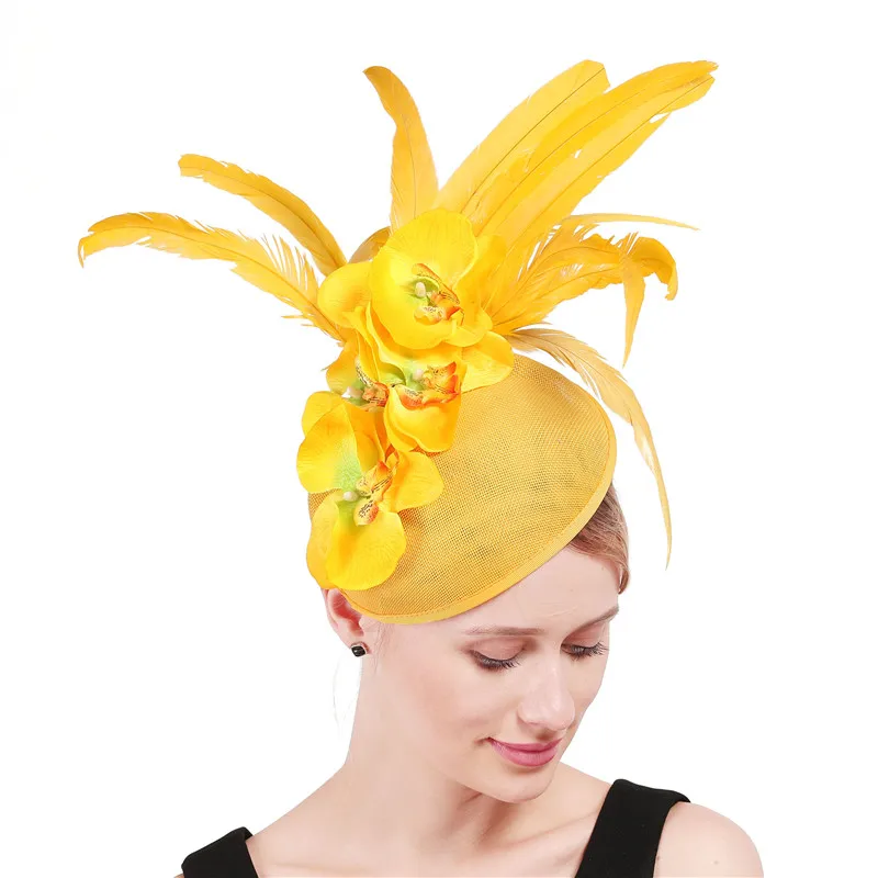 Lady Elegant Yellow Fascinator Hairpins Women Gorgeous Flower Mesh Hair Accessories Bride Stage Performance Veil Headdress