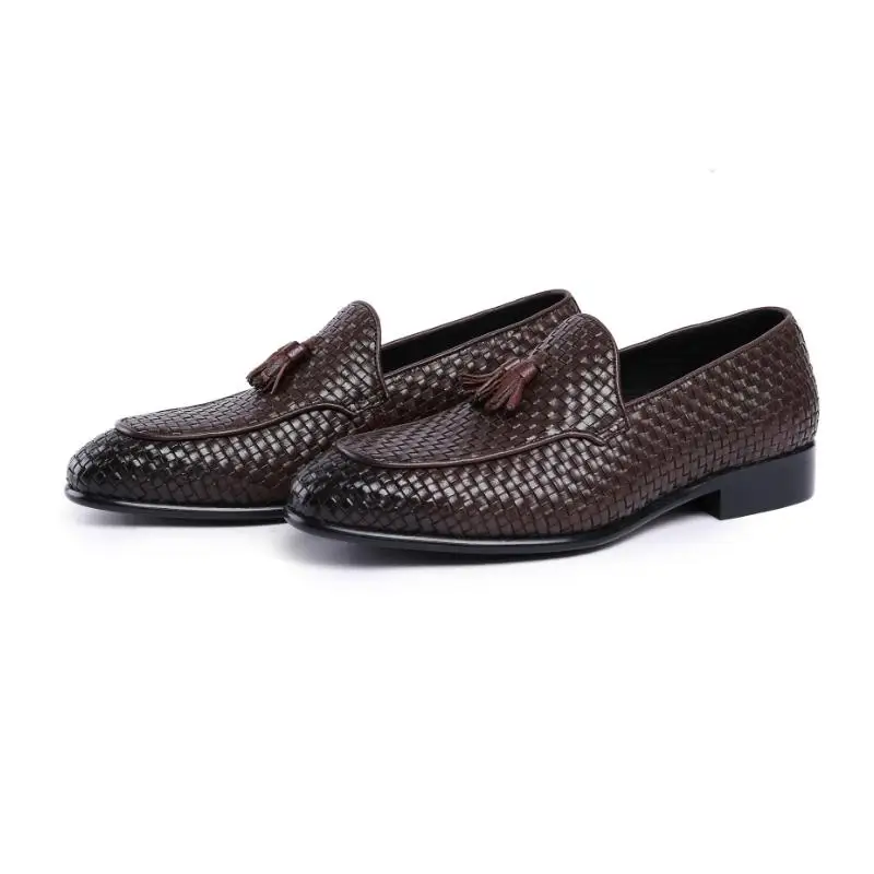 Quality Cow Leather Weave Business Casual Shoes Men Tassel Slip On Dress Shoes Mens Summer Black Brown Career Office Work Shoes