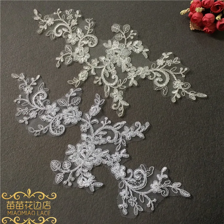 1Pair/2pcs Ivory White Embroidery Lace Flowers Applique Trim Veil Diy Handmade Materials Wedding Dress Decoration Accessories