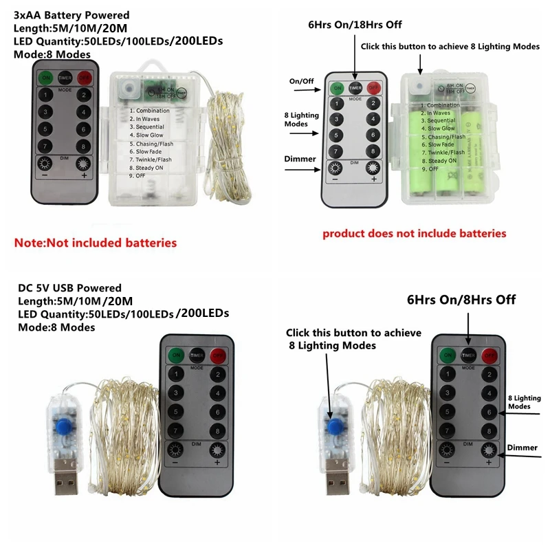 Imagem -04 - Controle Remoto Luzes de Fadas Usb Bateria Operado Luzes Led String Temporizador Fio de Cobre Decoração de Natal Luzes à Prova d Água