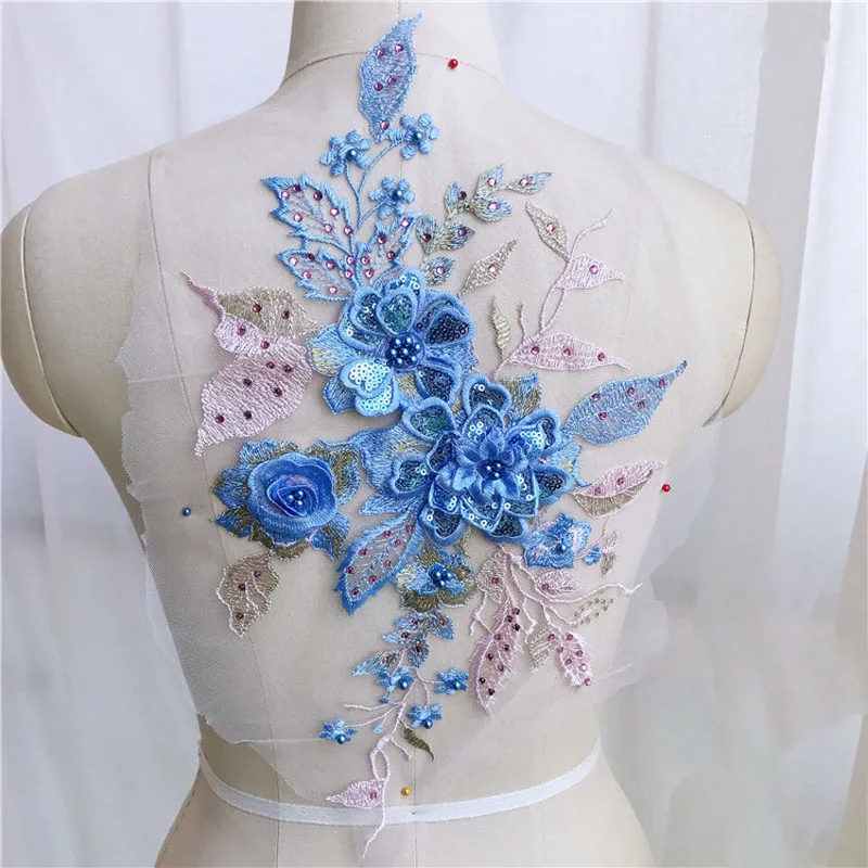 Embroidered Flowers Appliques Lace Fabric Wedding Gown Lace Trims Collar Mesh Sew Patch For Dress DIY Decoration