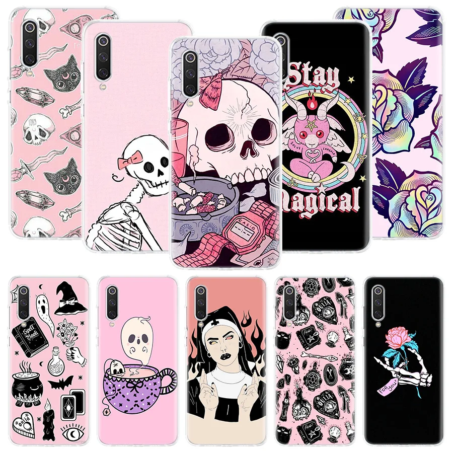 Pink Cat Skull Sorceress Witch Phone Case For Xiaomi Redmi Note 13 12S 12 11S 11E 11 Pro Plus 11T 10S 10 9S 9 + 8T 8 7 Art Patte