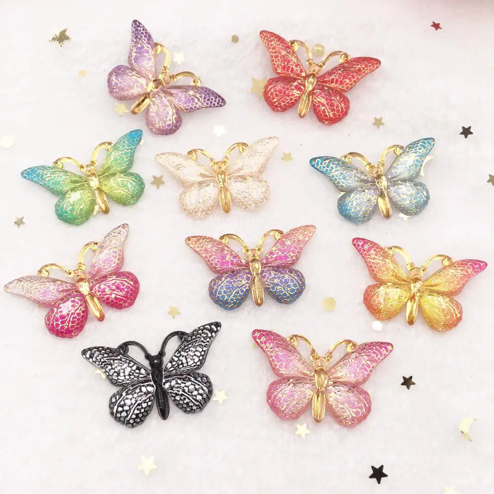 New 10pcs Resin resin 25*38mm Bling Colorful butterflies flatback rhinestone 1 Hole Ornaments DIY  Wedding appliques craft SW75