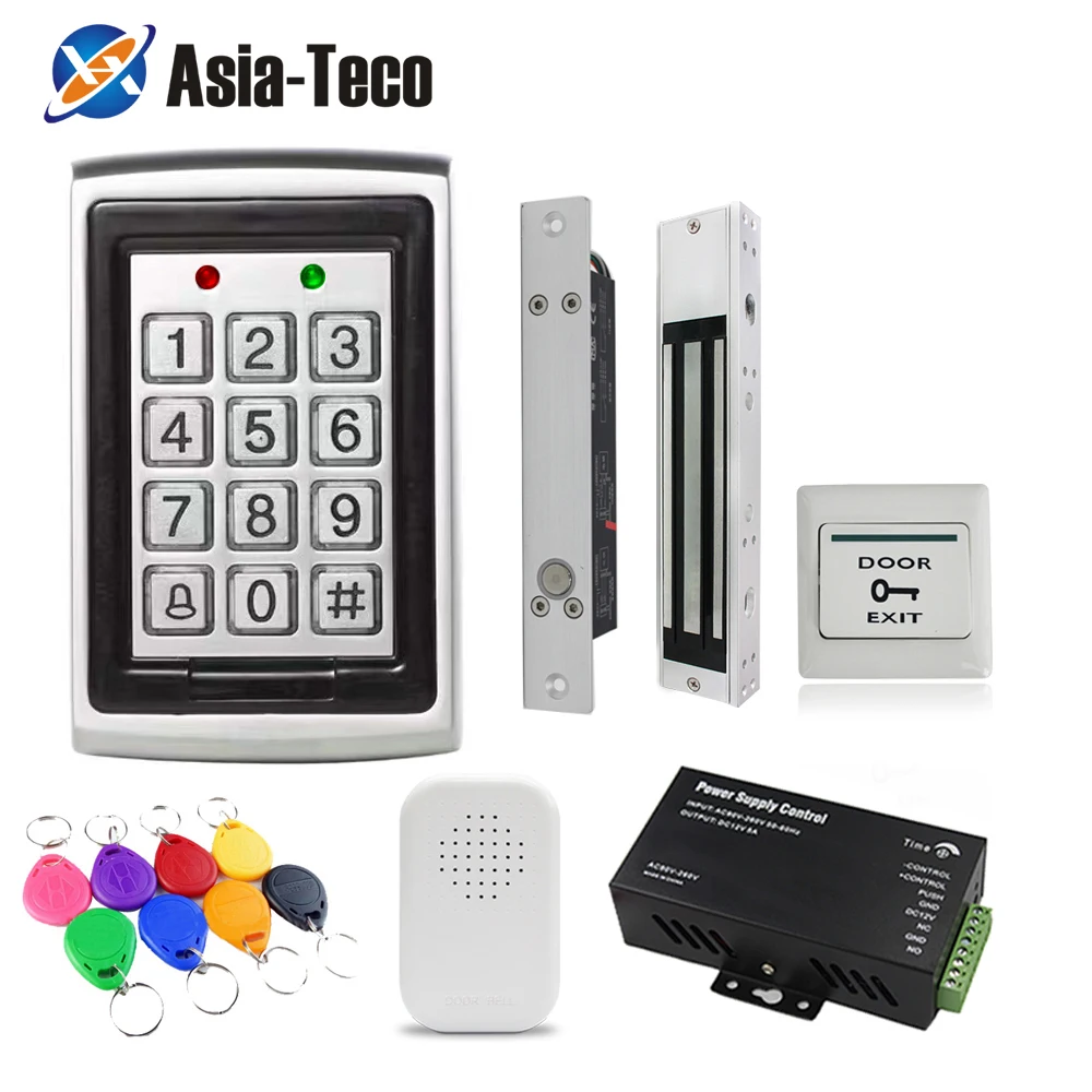 

RFID Access Control System Kit Standalone Metal Keypad Electronic Lock Access Power DC12V Exit button with 125KHz ID Keyfobs