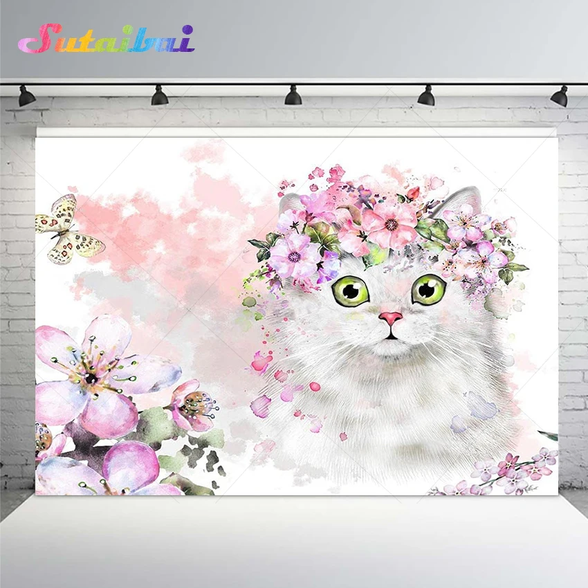 

Watercolor Flowers Cat Birthday Backdrop for Girls Baby Shower Photo Background Photography Backdrops Vinyl Banner Decorations