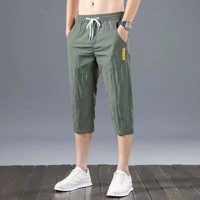 Ice silk Shorts Summer Breeches Thin Viscose 3/4 Length Trousers Male Bermuda Board Quick Drying Beach Black Men's Long Shorts