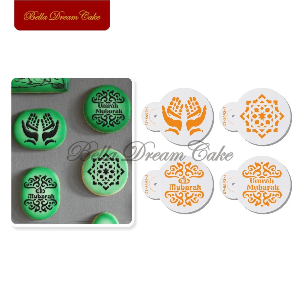 4 pz/set Eid Mubarak Hajj biscotti Stencil torta al caffè Stencil Template biscotti stampo per fondente strumenti per decorare la torta Bakeware