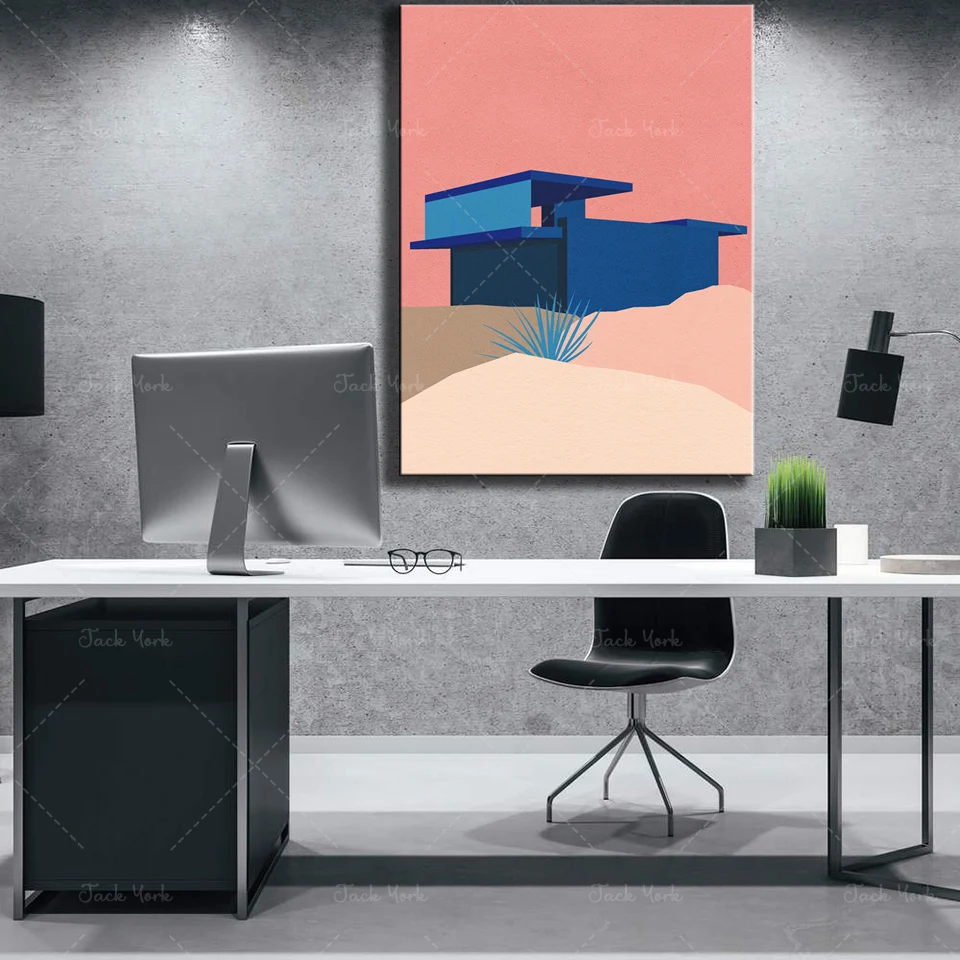 كوفمان ديزرت هاوس بالم سبرينغز الأزرق - ملصق المعرض الأحمر الوردي طباعة فنية التوضيح، ديكور المنزل المعماري #4