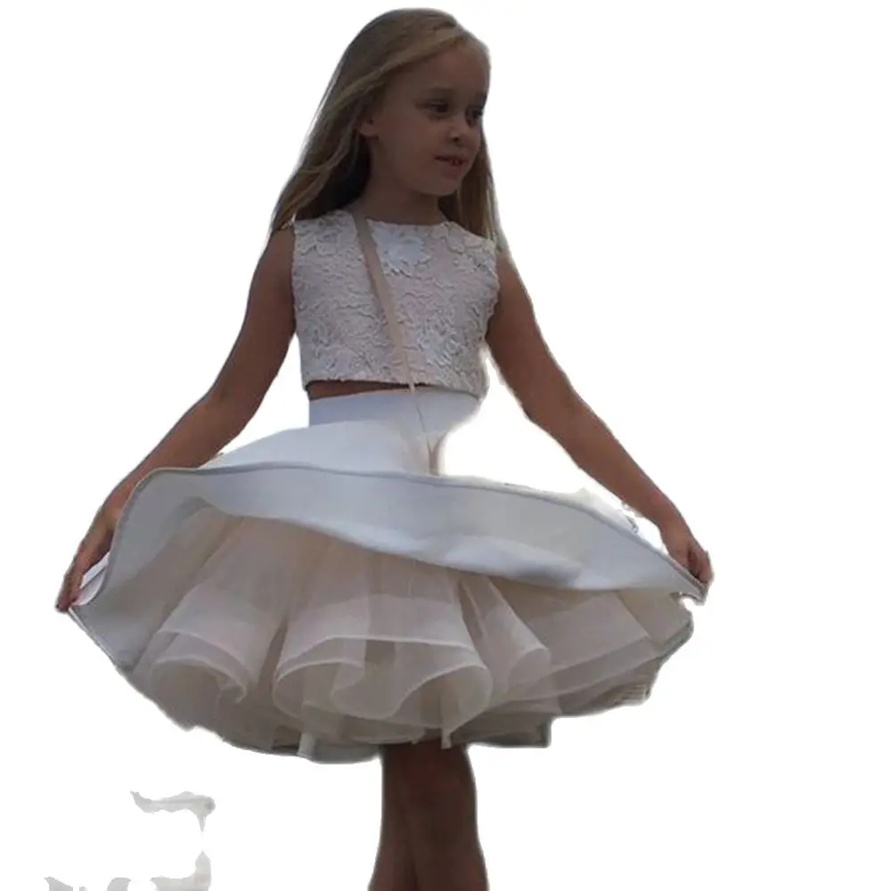 Vestidos de princesa de dos piezas para niña, vestidos de encaje de satén con capas de tul para fiesta de niños, Apliques de encaje, vestidos de celebridades