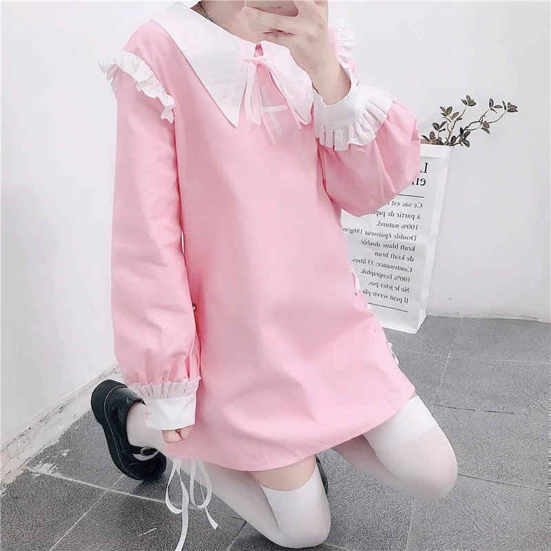 2020 spring new Japanese loli soft girl embroidery fungus stitching sweet bandage lantern sleeve dress female lolita costumes