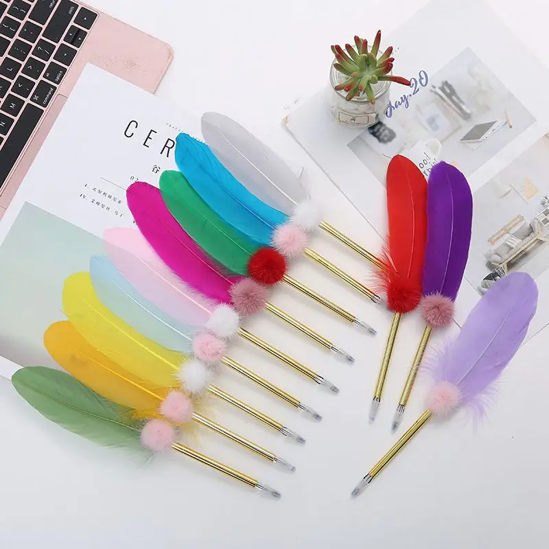 A creative bowknot natural feather gel pen student writing and placing supplies feather ballpoint pen