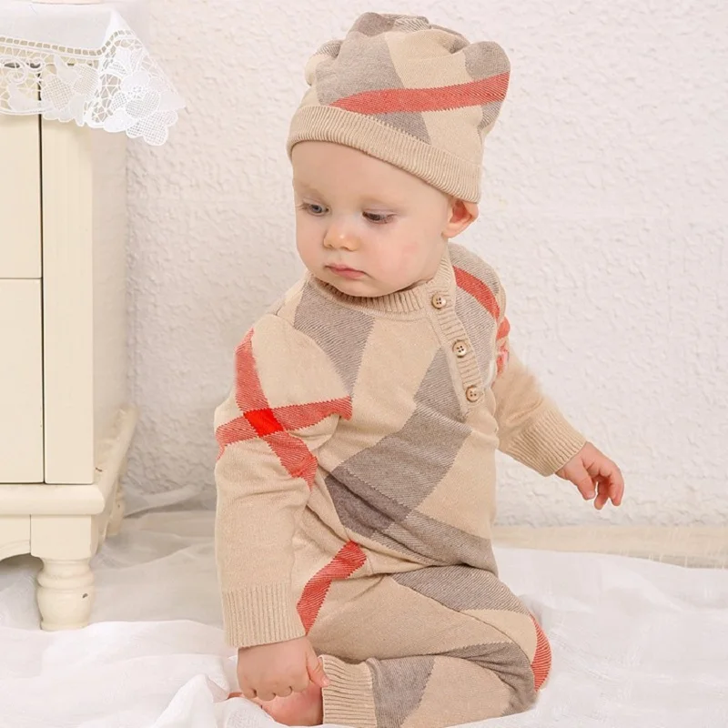 Knitting Jumpsuits Plaid Knitted Cotton Clothing Newborn Baby Clothes Long Sleeve Winter Fall Spring Set 0-3 Month Rompers Hat