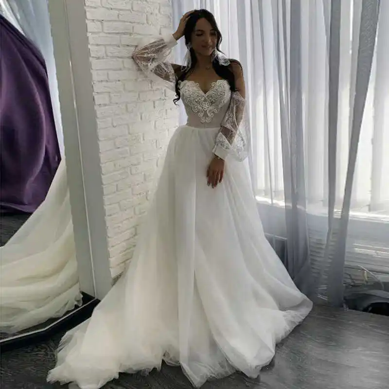 

Thinyfull Off The Shoulder Wedding Dress 2020 Appliques Lace A Line Tulle Beach Bridal Gown Puffy Sleeves Bridal Gowns