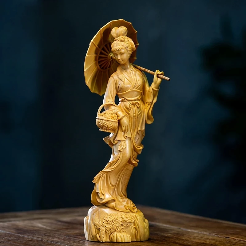 

Boxwood 20CM Beauty Sculpture Chinese Traditional Figure Wood Statue Girl Under The Umbrella Home Decor