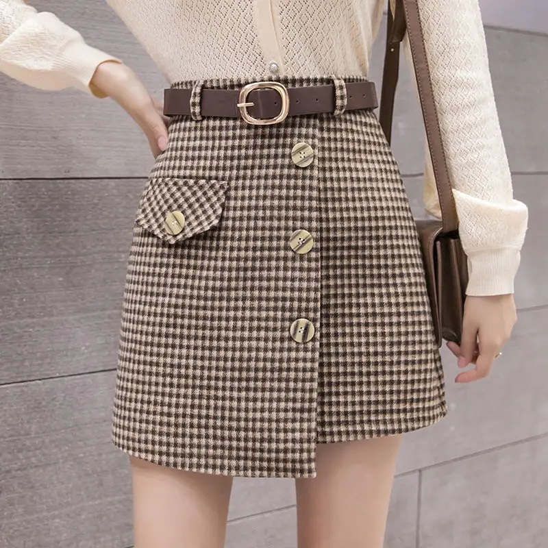 

Women Woolen Hip Skirts Autumn Winter Buttons Vintage Plaid Mini-skirt Female Elegant Irregular Anti-glare High Waist Faldas Ins