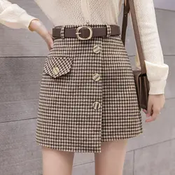 Women Woolen Hip Skirts Autumn Winter Buttons Vintage Plaid Mini-skirt Female Elegant Irregular Anti-glare High Waist Faldas Ins