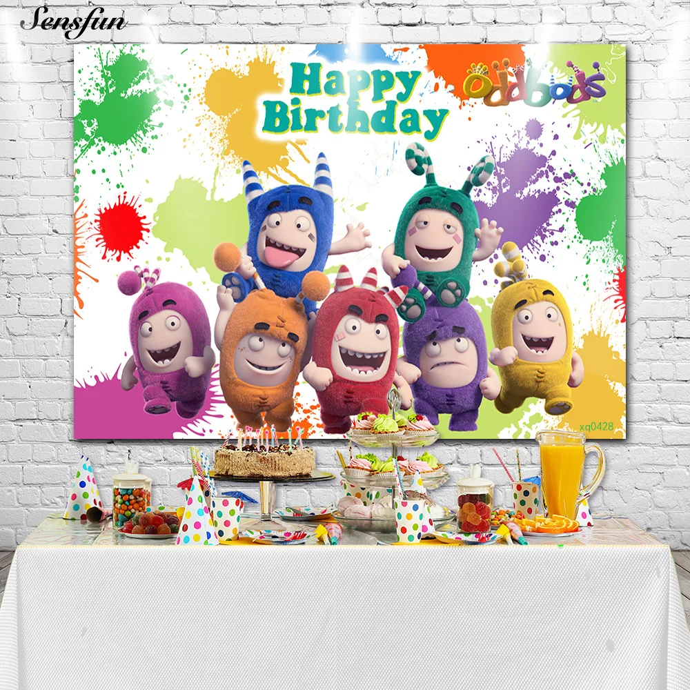 Sensfun-Fondo de fotografía para fiesta temática Oddbods, telón de fondo para foto de Primer Cumpleaños de Niños, vinilo personalizado, Decoración de mesa de pastel, 7x5 pies