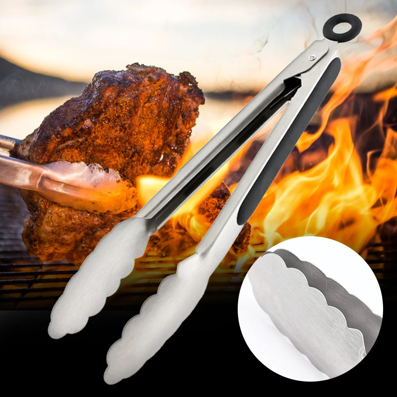 9/12/16 Inch Long Bbq Tongs Non-Slip Handle Stainless Steel Fried Barbecue Clip Salad Bread Clamp Kitchen Tools Meat Food Clip