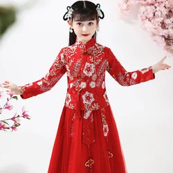 Autumn And Winter Girls' Hanfu Long Sleeves Embroidered Dress Red New Year's Dress Party Dress Wedding Flower Children's Wear