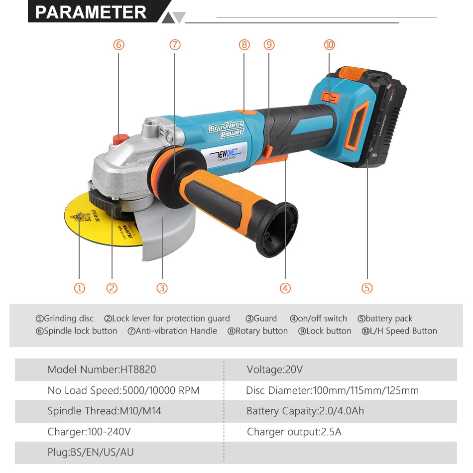 20V Brushless Angle Grinder/Dual Action Polisher/Electric drill/Lawn Mower/Air Inflator/Recip-Saw/Jig Saw Series Bare Power tool