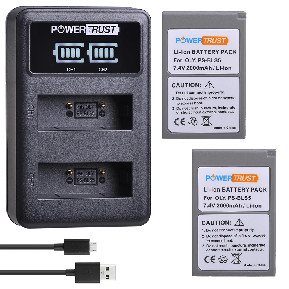 

PowerTrust 2Pc PS-BLS5 BLS50 Battery+LED Dual Charger for Olympus PEN E-PL2,E-PL5,E-PL6,E-PL7,E-PM2,OM-D E-M10,E-M10 II,Stylus1