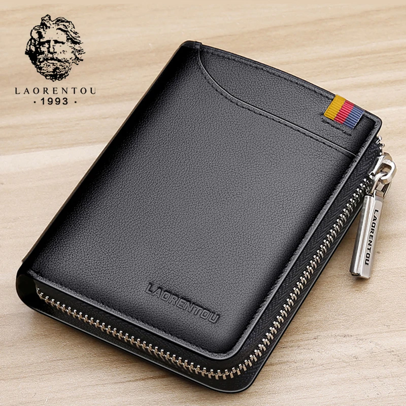 LAORENTOU Business Men's Short Wallet Small Card Holder Genuine Leather Fashion Coin Purse Casual Standard Clutch Money Bag Male image 3